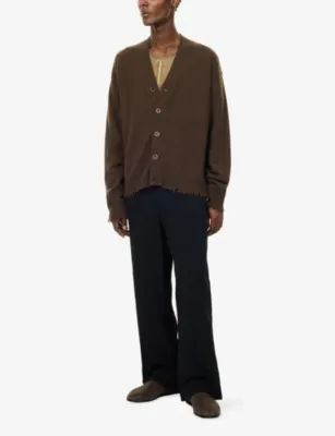 UMA WANG V-Neck Raw-Edge Cashmere Cardigan in BROWN, additional product view 2