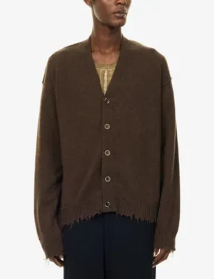 UMA WANG V-Neck Raw-Edge Cashmere Cardigan in BROWN, additional product view 3