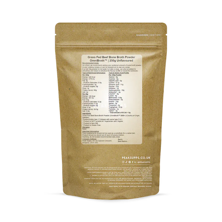 Peak Supps Grass fed Beef Bone Broth Powder (Omnibroth™) 250 detail 2
