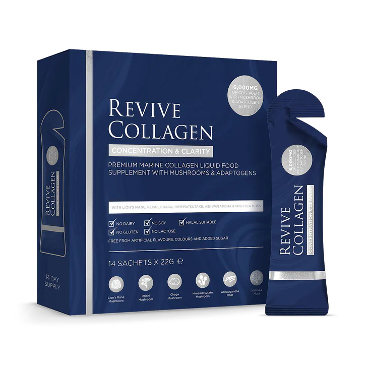 Revive Collagen Concentration & Clarity Functional Mushroom & Adaptogen Blend with 6,000mg of Type 1 Hydrolysed Marine Collagen 14 x 22g Sachets.