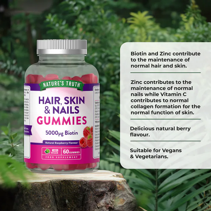 Nature's Truth Hair Skin & Nails Biotin 5000ug - 60 Gummies - Raspberry 60Gummy detail 2