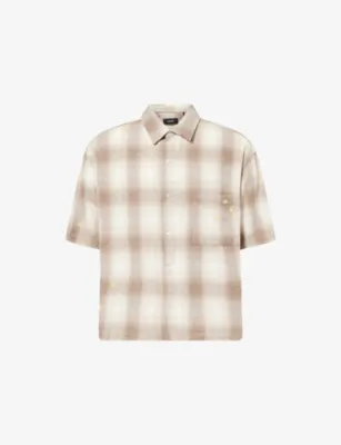 NAHMIAS Flower-Embroidery Short-Sleeve Check Cotton Flannel Shirt