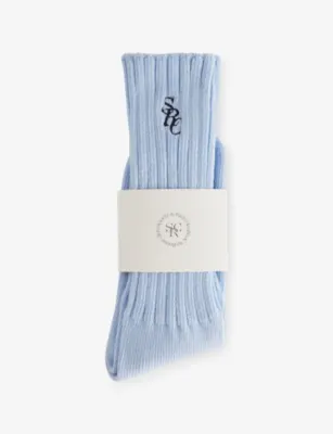 SPORTY & RICH Logo-Embroidered Cotton-Blend Socks in Ciel Navy – Mens | Underwear & socks | Socks | Plain Socks