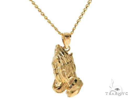 MARYAM - For Him Factory (Mass Production) 10K Yellow Gold Praying Hands Charm 24 Inches Cuban Link Chain Set 61819 in Yellow / 18 Inches – Pendant