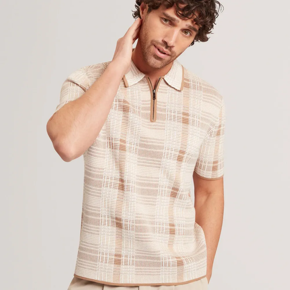 Ted Baker Mens Checked Zip Neck Cotton Knit Polo detail 2
