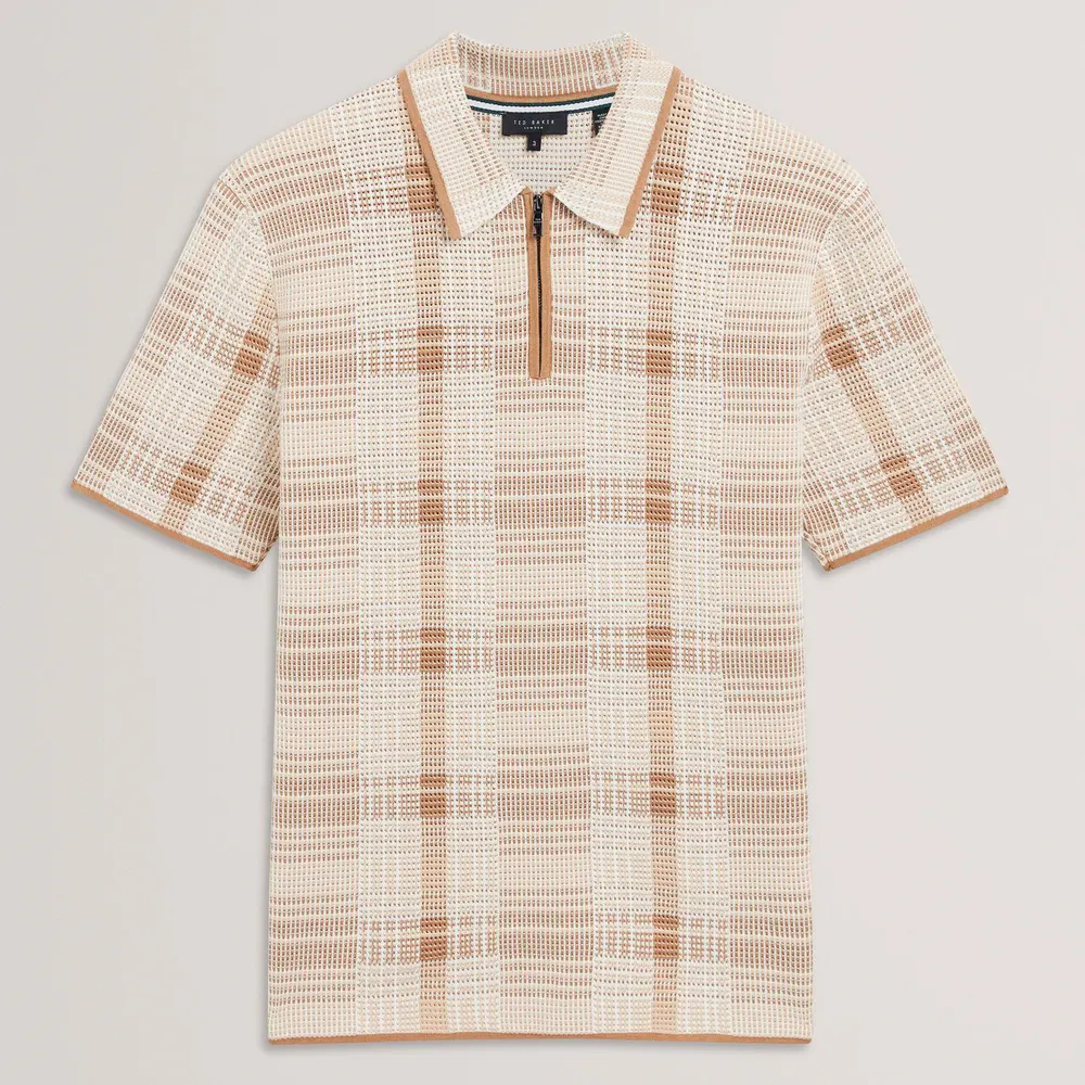 Ted Baker Mens Checked Zip Neck Cotton Knit Polo