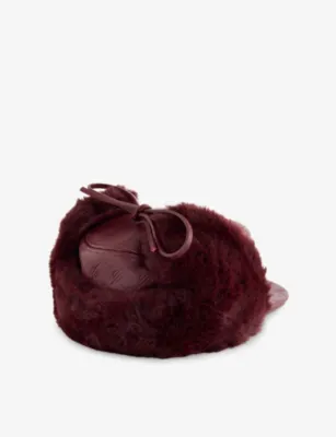DAILY PAPER Monogram-Debossed Leather And Faux-Fur Chapka Hat in BURGUNDY, additional product view 3