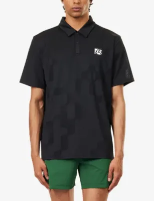 MALBON Performance Mesh Paneled Woven Polo T-Shirt in BLACK, additional product view 3
