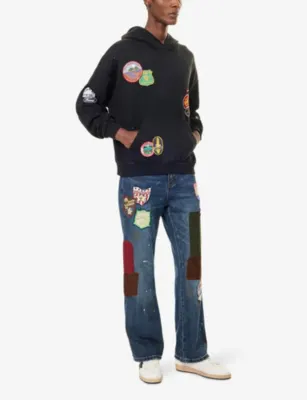 FOUND Distressed Patch-Embellished Cotton Hoody in VINTAGE BLACK, additional product view 2