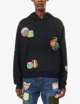 FOUND Distressed Patch-Embellished Cotton Hoody in VINTAGE BLACK, additional product view 3