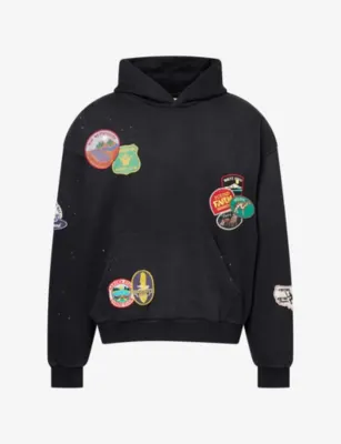 FOUND Distressed Patch-Embellished Cotton Hoody in VINTAGE BLACK – Mens | Tops & t-shirts | Hoodies