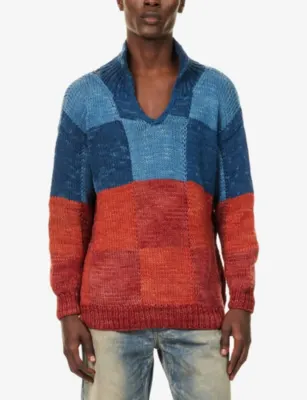 KARTIK RESEARCH Colour-Block Rugby Wool Knit Jumper in RED BLUE, additional product view 3