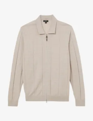 REISS Martindale Check-Textured Zip-Through Wool Cardigan - DARK BROWN detail 2