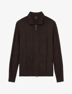 REISS Martindale Check-Textured Zip-Through Wool Cardigan - DARK BROWN