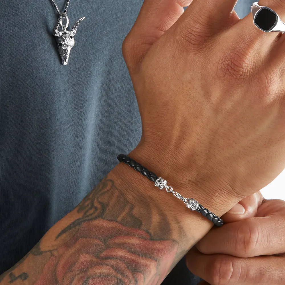 Thomas Sabo Mens Sterling Silver Black Leather 19cm Bracelet detail 2