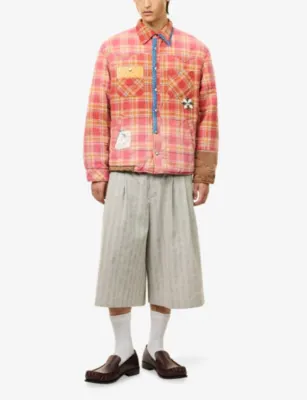 KHOKI Check-Print Patchwork Cotton Jacket in RED, additional product view 2