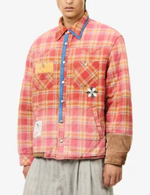 KHOKI Check-Print Patchwork Cotton Jacket in RED, additional product view 3