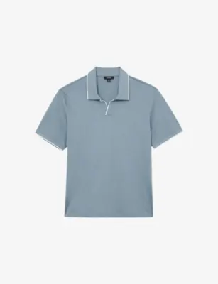 REISS Nico Air-Water Tipped Cotton Polo Shirt - AIRFORCE BLUE OATMEAL