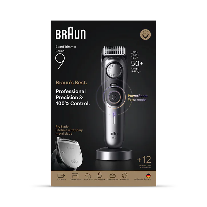 BRAUN Beard Trimmer Series 9, +12 Barbering Tools, 52 Lengths, ProBlade, BT9560, Chrome
