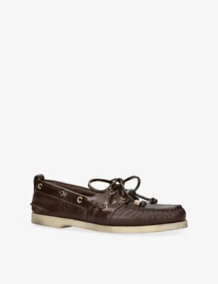 GOLDEN GOOSE Logo-Embossed Leather Boat Shoes - EUR 45 / 11 UK MEN in Dark Brown, additional product view 3