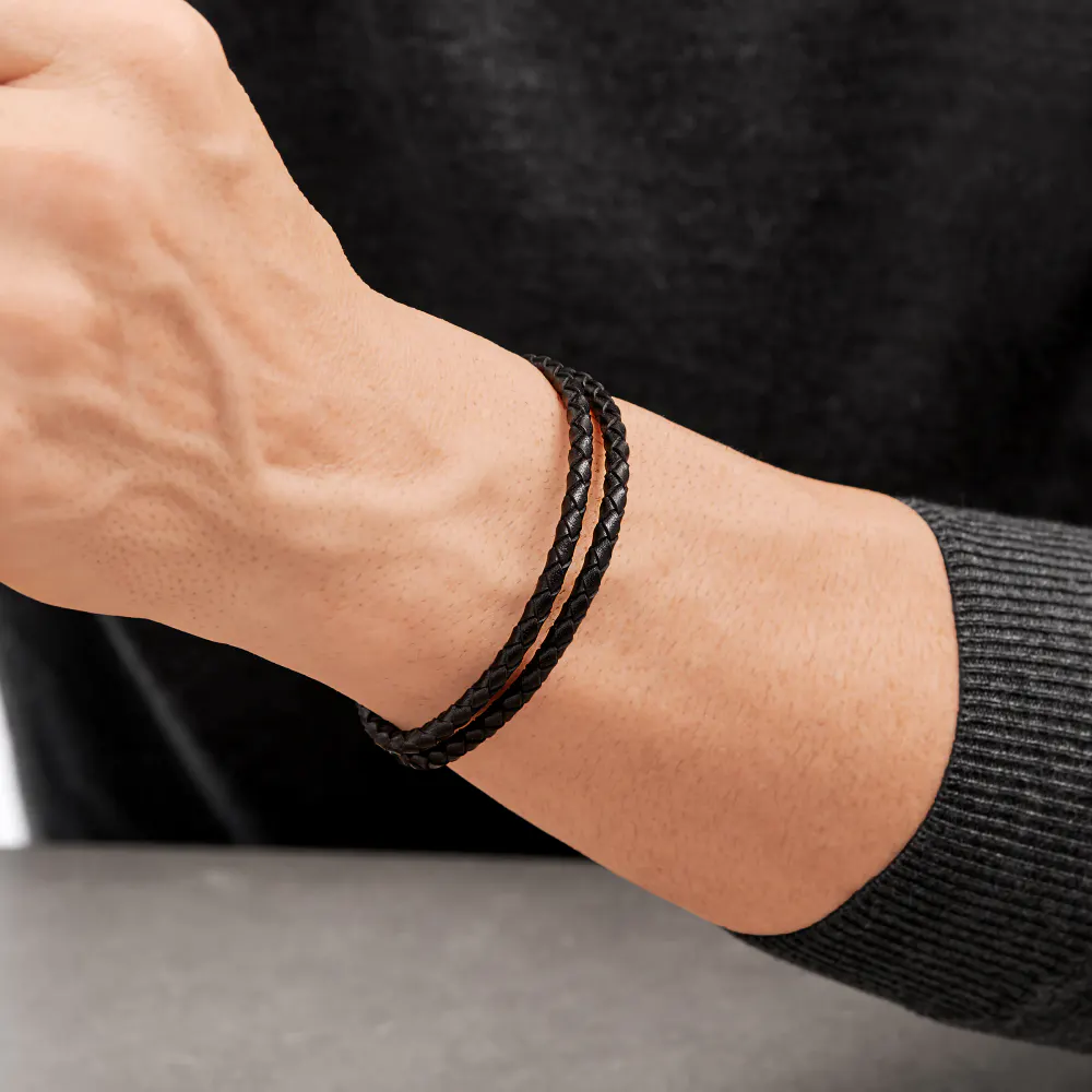 BOSS Gents BOSS Seal Black Leather & Stainless Steel Braided Bracelet detail 2