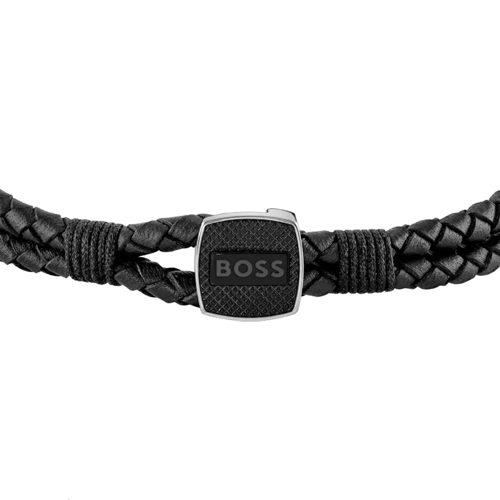 BOSS Gents BOSS Seal Black Leather & Stainless Steel Braided Bracelet detail 3