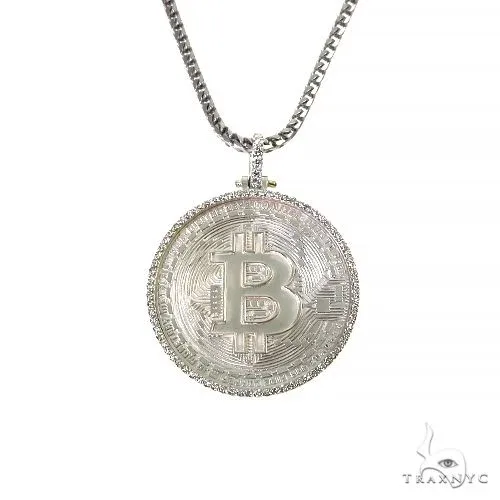 MARYAM - For Him SILVER .925 Silver Diamond Bitcoin Pendant With Franco Chain Set 67421 in 18 Inches – Pendant Set