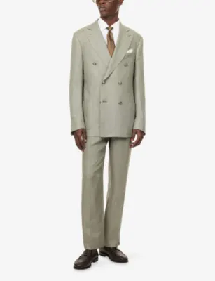 CORNELIANI Double-Breasted Peak-Lapel Linen Jacket in Green Coloured 053, additional product view 2