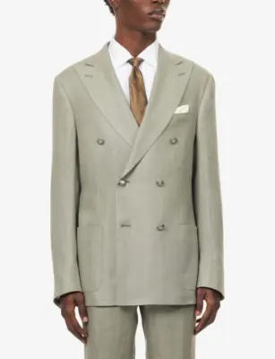 CORNELIANI Double-Breasted Peak-Lapel Linen Jacket in Green Coloured 053, additional product view 3