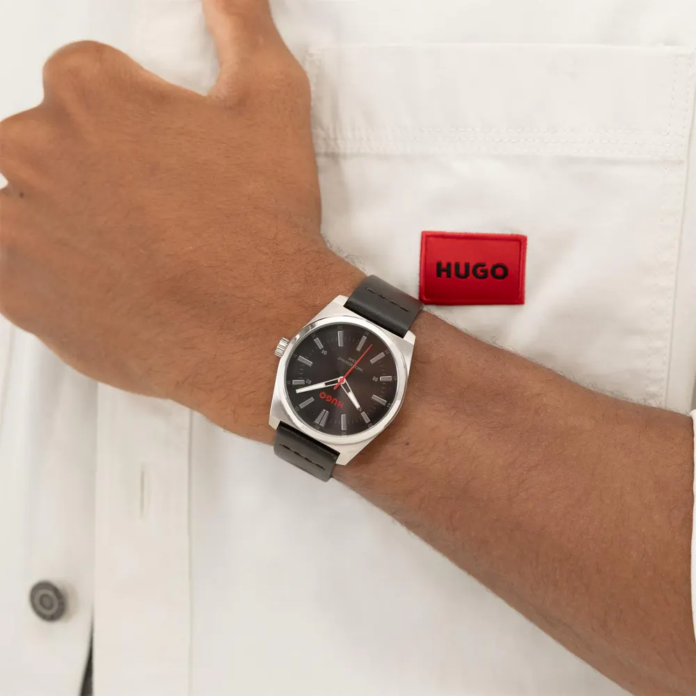 Hugo Gents HUGO #ARK Black Leather Strap Watch detail 3