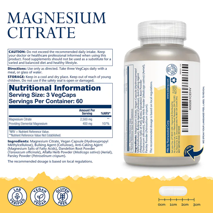 Solaray Magnesium Citrate 400mg Elemental Magnesium per Serving 180 Capsules, additional product view 2