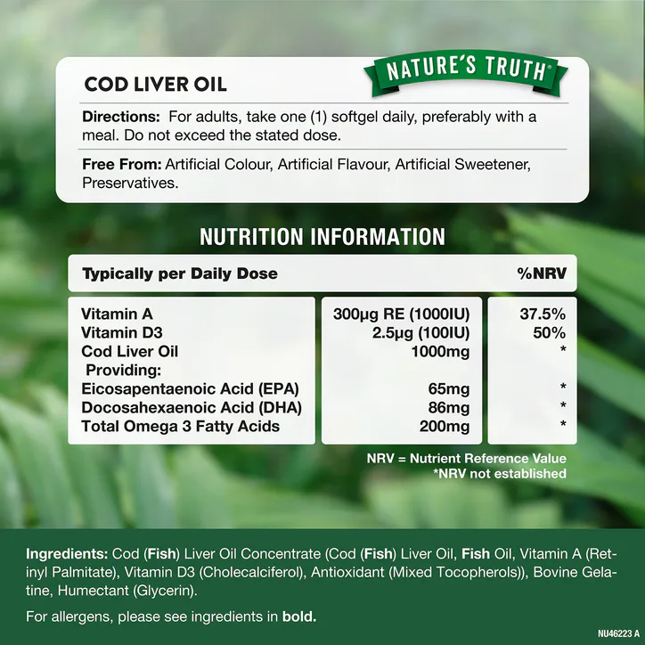 Nature's Truth Cod Liver Oil 1000mg with Vitamin D+A - 60 Softgels detail 3