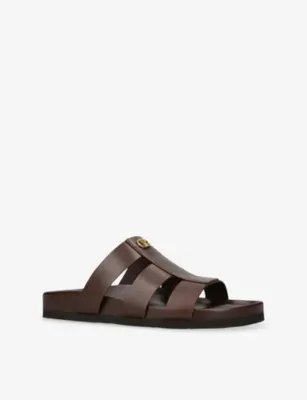 VALENTINO GARAVANI Studshield VLogo Flat Leather Sandals - EUR 46 / 12 UK MEN in Dark Brown, additional product view 3