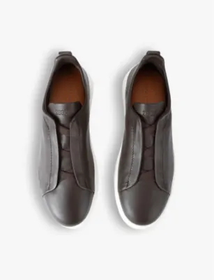 ZEGNA Triple Stitch Secondskin Panelled Leather Low-Top Trainers - EUR 42.5 / 8.5 UK MEN in BROWN, additional product view 2