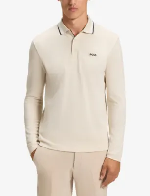 BOSS Brand-Embroidered Long-Sleeved Cotton-Piqué Polo Shirt detail 3