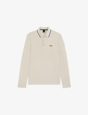 BOSS Brand-Embroidered Long-Sleeved Cotton-Piqué Polo Shirt