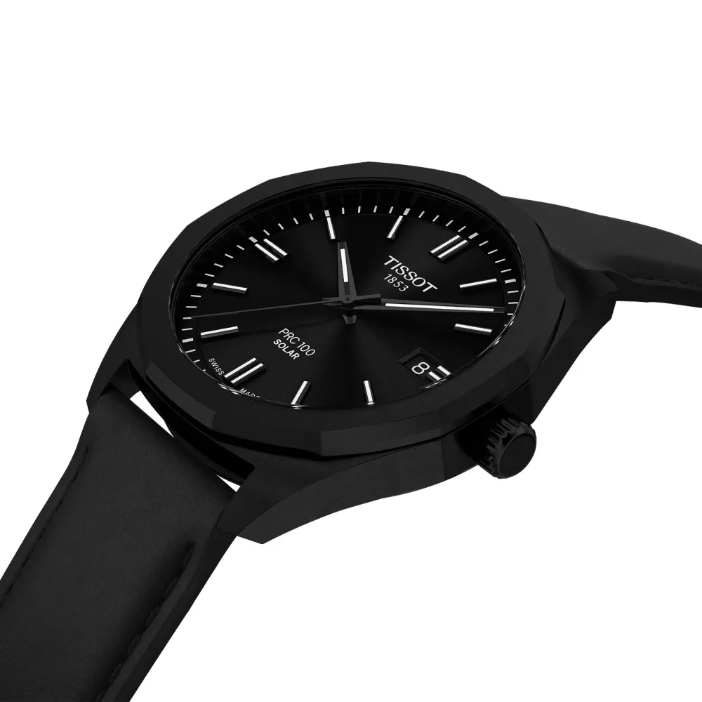 Tissot PRC 100 Solar Quartz 39mm Mens Watch Black Leather detail 2