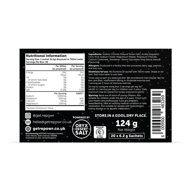 REPOWR Daily Electrolytes Variety Pack Mix 1 (Raspberry, Lemon Lime, Watermelon, Peach) 20 Sachets detail 2