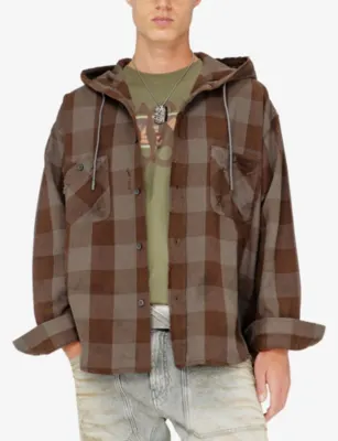 DIESEL Distressed Check-Flannel Cotton Hooded Shirt detail 3