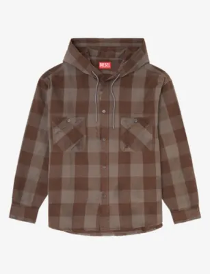 DIESEL Distressed Check-Flannel Cotton Hooded Shirt