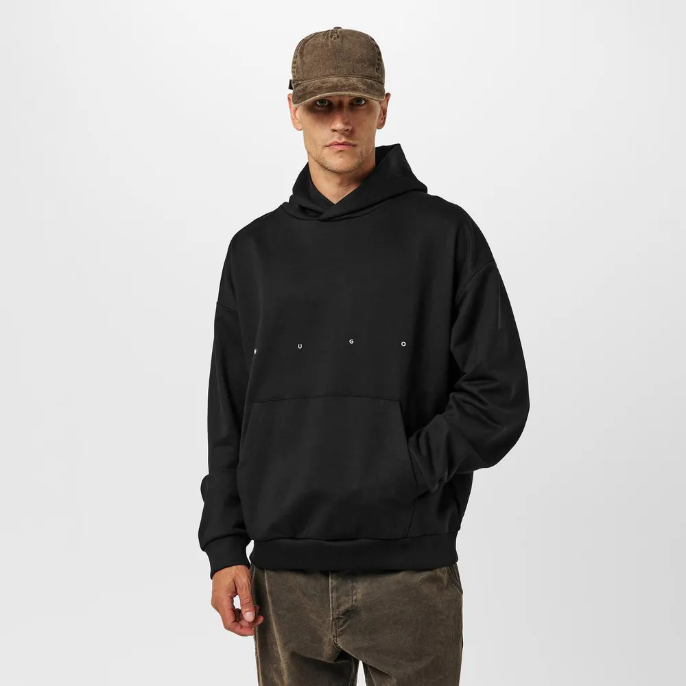 Hugo Men's Red Cotton Pull Over Hoodie in Black 001, additional product view 3