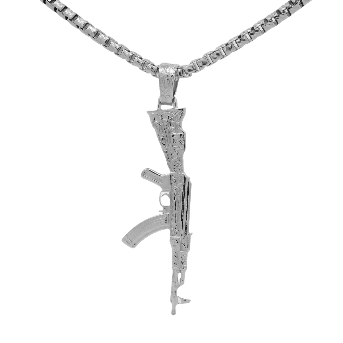 MARYAM - For Him SILVER .925 Sterling Silver AK-47 Slashed Box-Link Chain Set 70922 in 18 Inches – Pendant Set