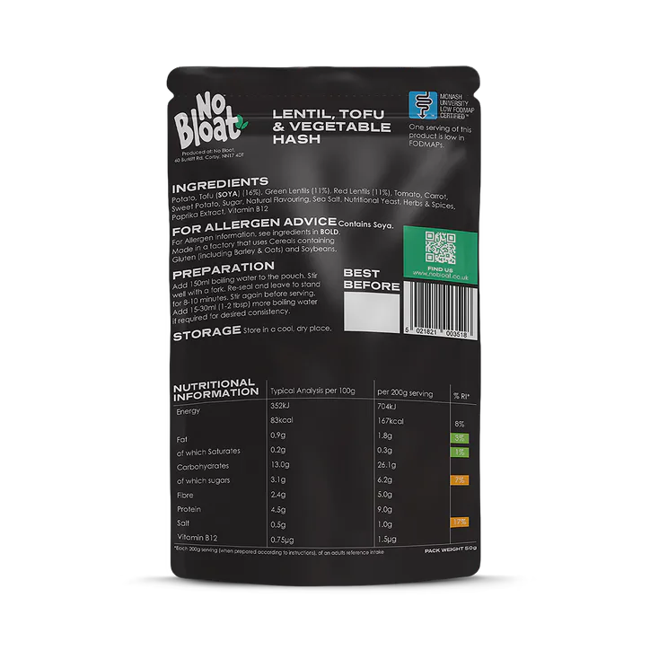NO BLOAT Lentil, Tofu & Vegetable Hash 4 x 50g Pouches, additional product view 2