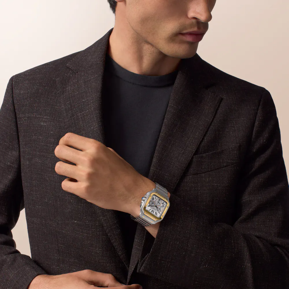Cartier Santos watch, large model, Manufacture chronograph mechanical movement with automatic winding detail 2