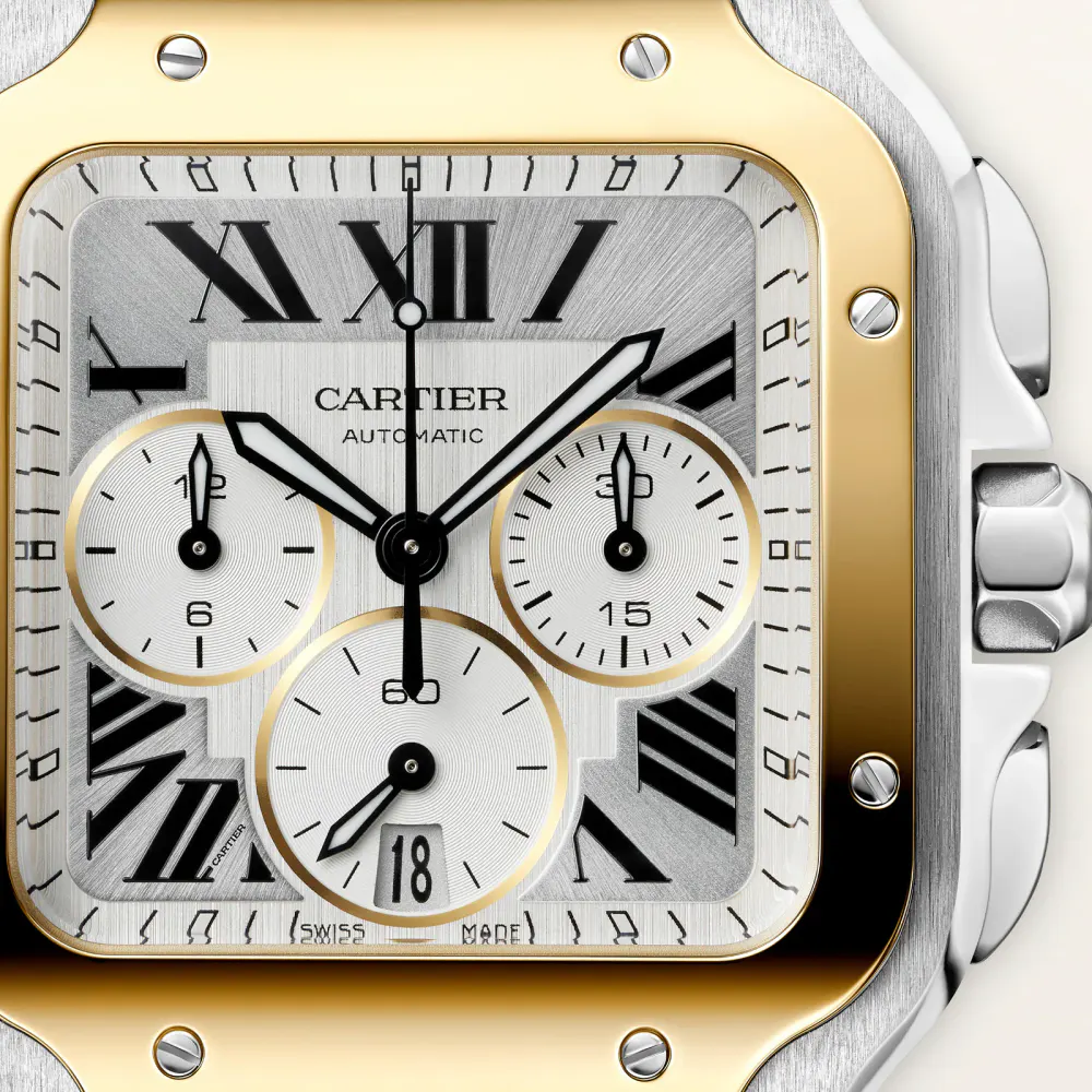 Cartier Santos watch, large model, Manufacture chronograph mechanical movement with automatic winding detail 3