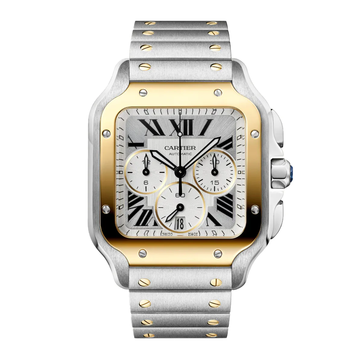 Cartier Santos watch, large model, Manufacture chronograph mechanical movement with automatic winding
