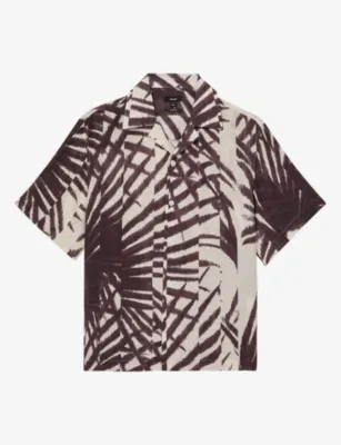 REISS Shindora Plissé Printed Cuban-Collar Woven Shirt - NAVY BROWN