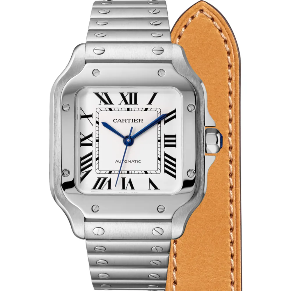 Cartier Santos De Cartier Watch Medium Model, Automatic Movement, Steel, Interchangeable Metal And Leather Bracelets detail 3