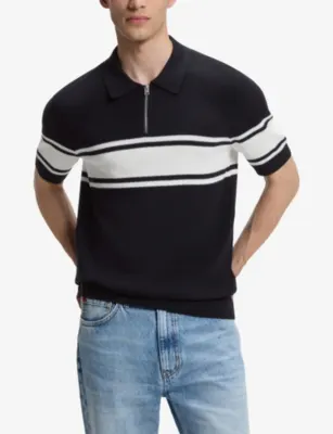 HUGO Short-Sleeved Striped Knitted Polo Jumper in DARK BLUE, additional product view 3