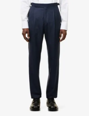 UMIT BENAN Pietro Relaxed Cotton-Silk Tailored Trousers in Hb Navy, additional product view 3